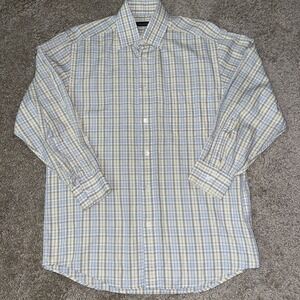 Ermenegildo Zegna Mens M Plaid Shirt Yellow Gray‎ Cotton Long Sleeve Button Up